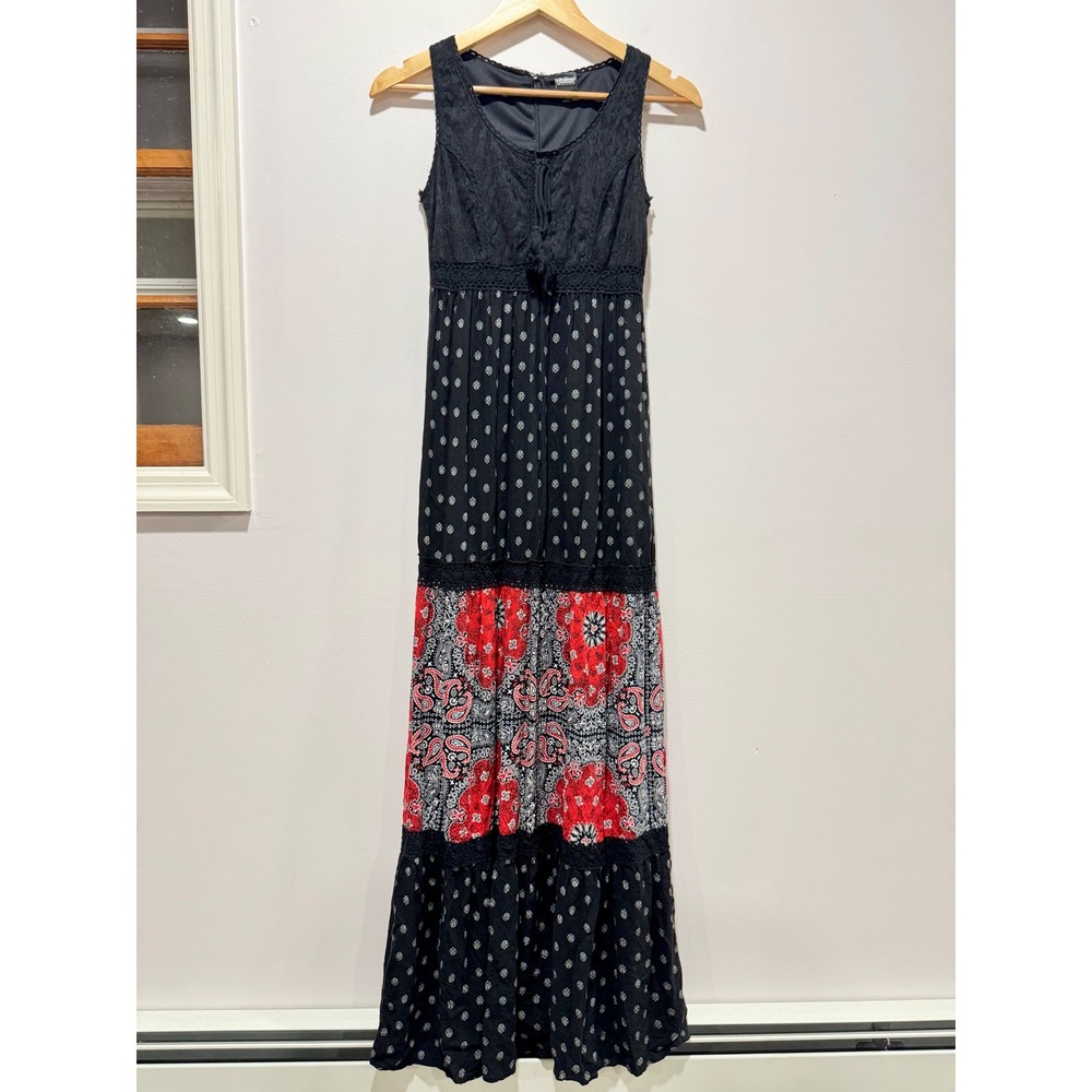 Disney Pirates of the Caribbean Lace Tiered Paisley Maxi Dress Black Red Small